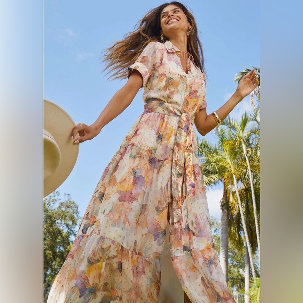VENUS Floral Shine Detail Maxi Digital Wildflowers sheer  Dress